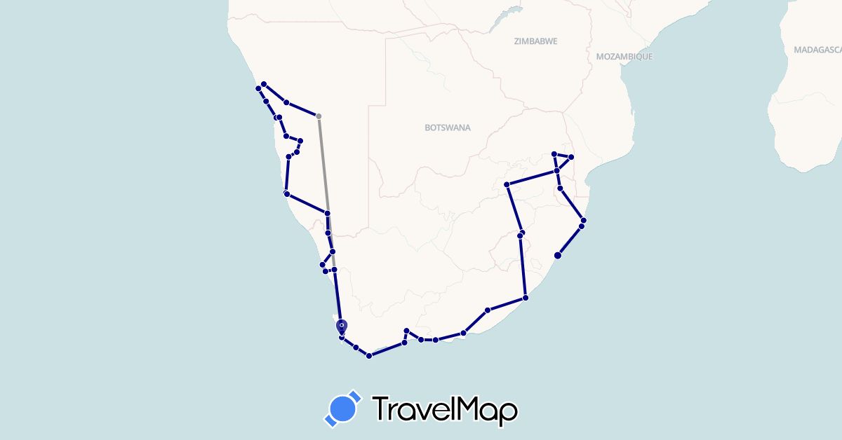 TravelMap itinerary: driving, plane in Lesotho, Namibia, Swaziland, South Africa (Africa)